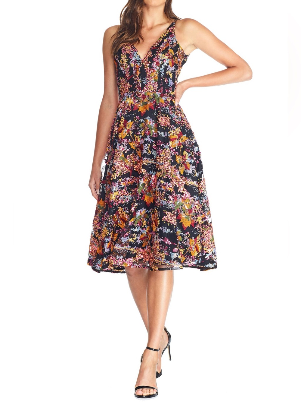 Dress the Population Elisa Embellished Fit & Flare Midi Dress Papaya Multi L